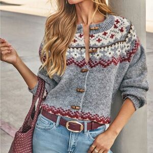 Vici Gray and Red Knit Cardigan